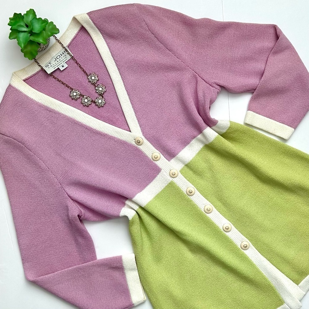 St John Color Block Santana Knit Cardigan Sweater Jacket Size M
